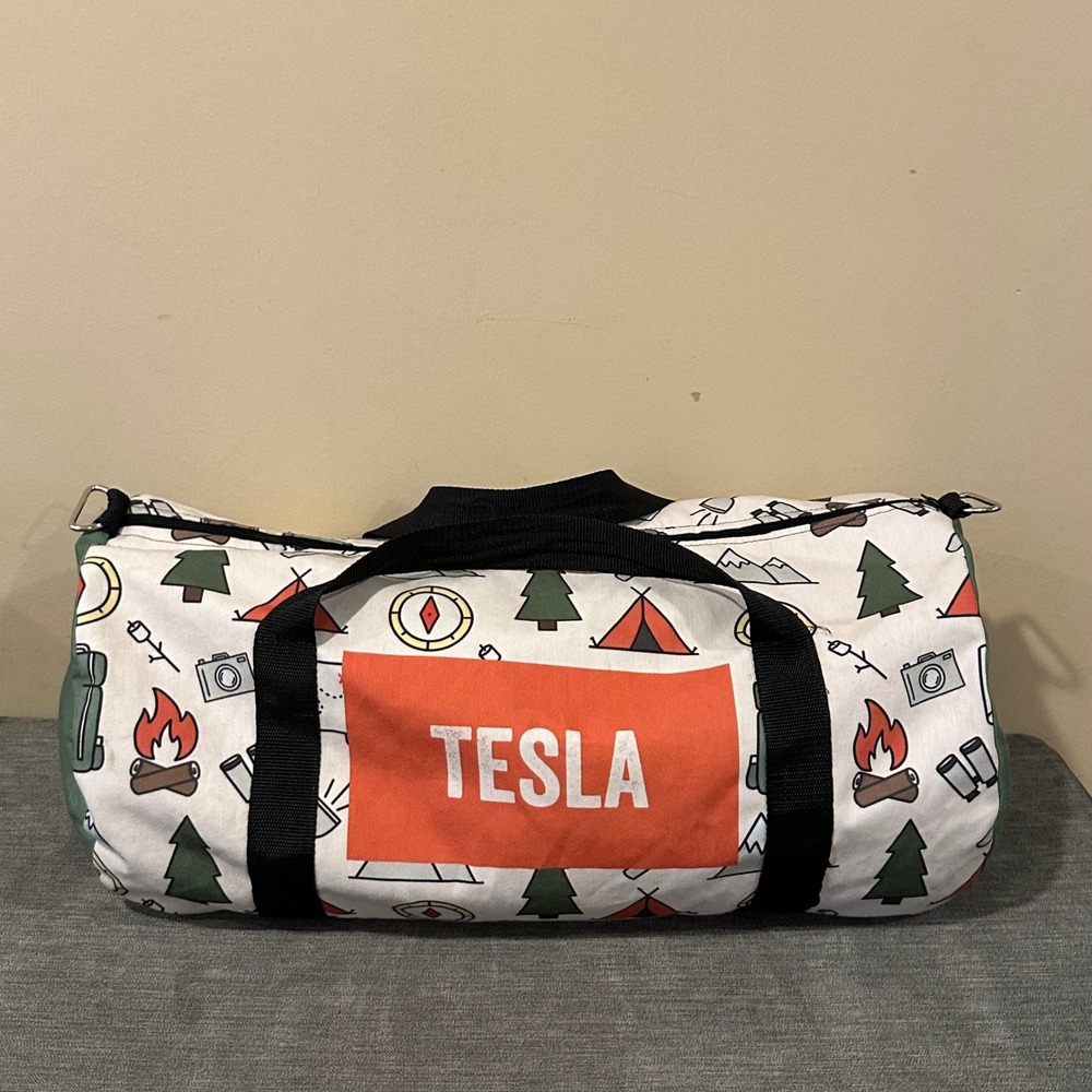 Tesla Camping Print Duffel Bag White Orange Green duffle missing strap